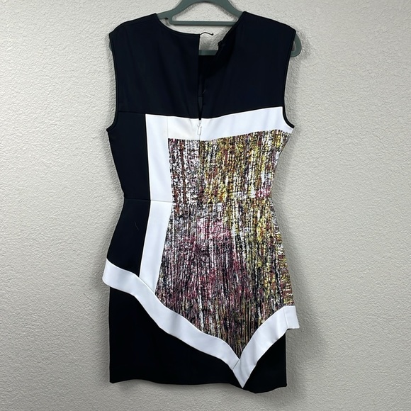 BCBGMaxAzria Alessandra Peplum Abstract Mini Dress Black Multi Sleeveless Sz 8 - Picture 7 of 16
